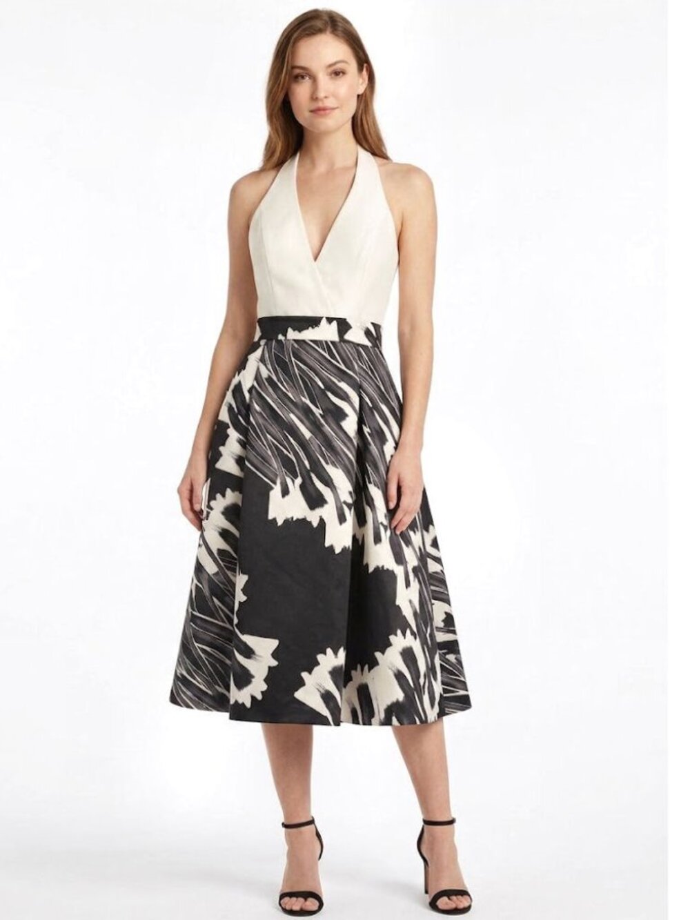 Halston Heritage Halter V-Neck Midi Dress Black Ivory Brushstroke Womens Size 4